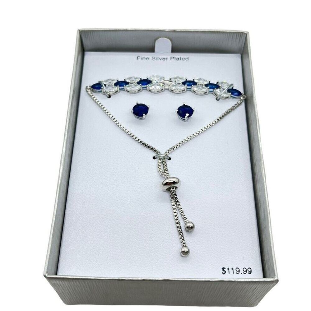 Bolo Bracelet Blue Clear Marquise Cut Stud Earrings Silver Plate CZ in Gift Box